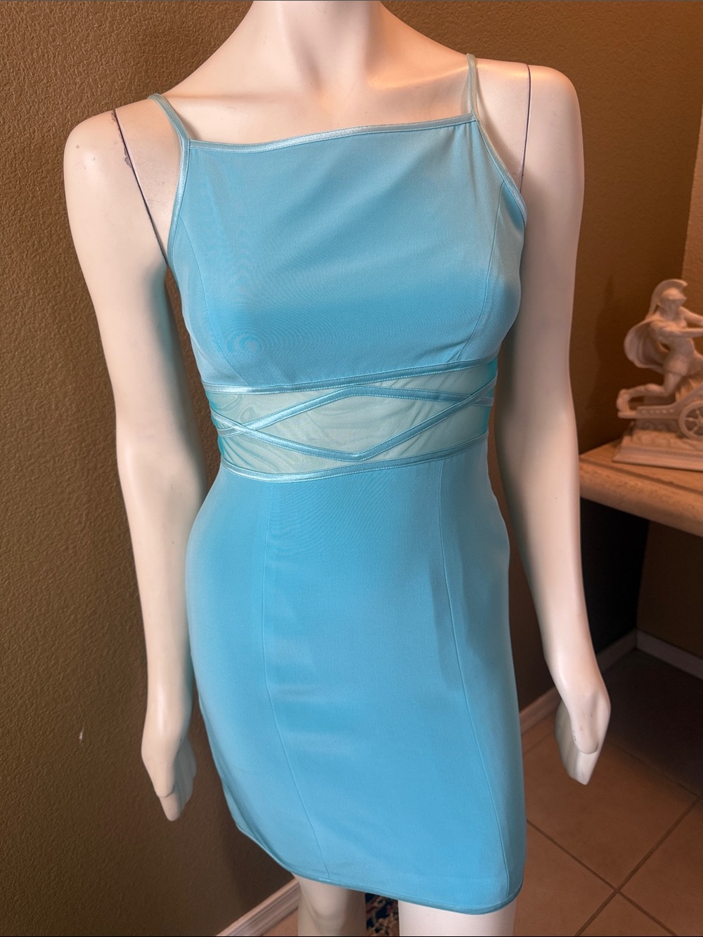 1990s Vintage Cache Sky Blue Mesh-Waist Mini Dress with Satin Trim